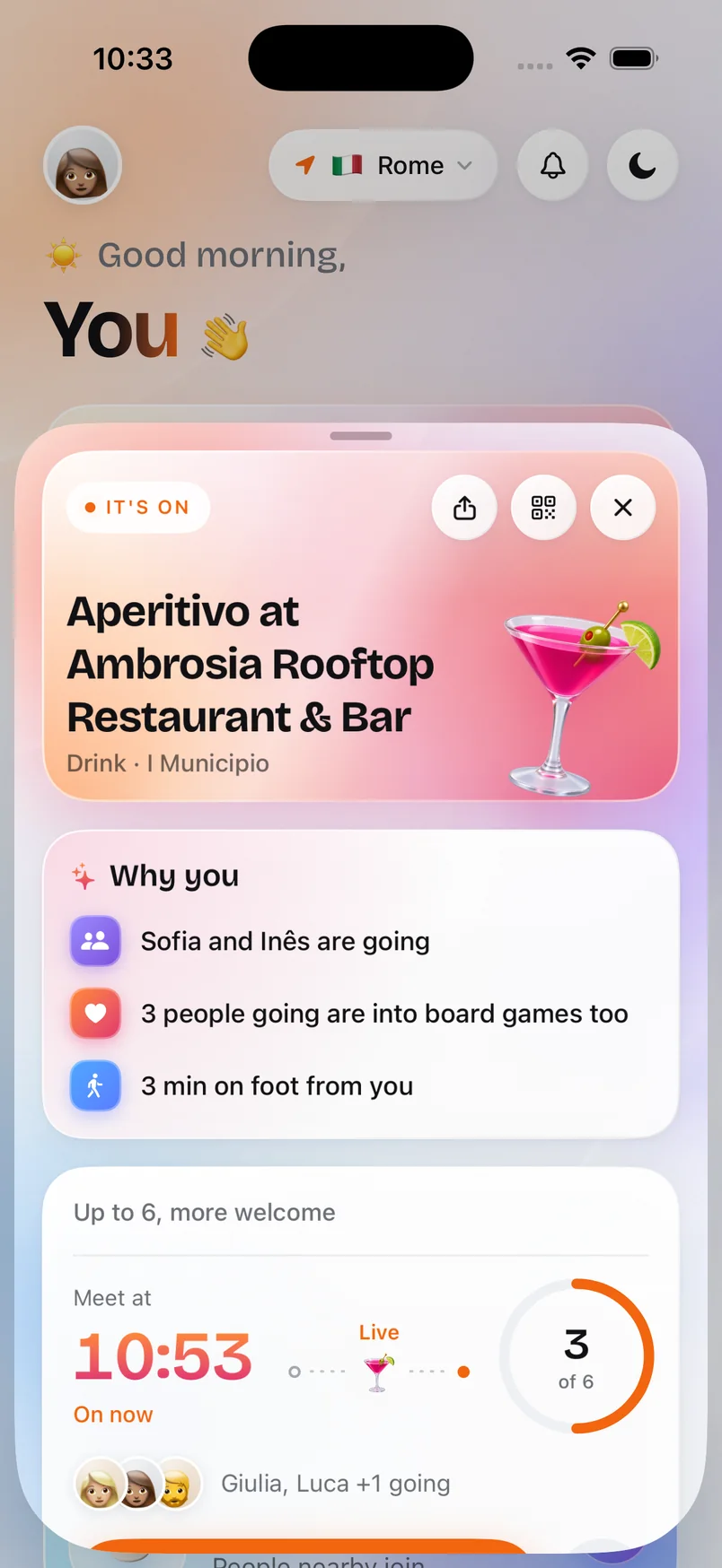 A plan's page with a Why you card listing friends going and shared interests.