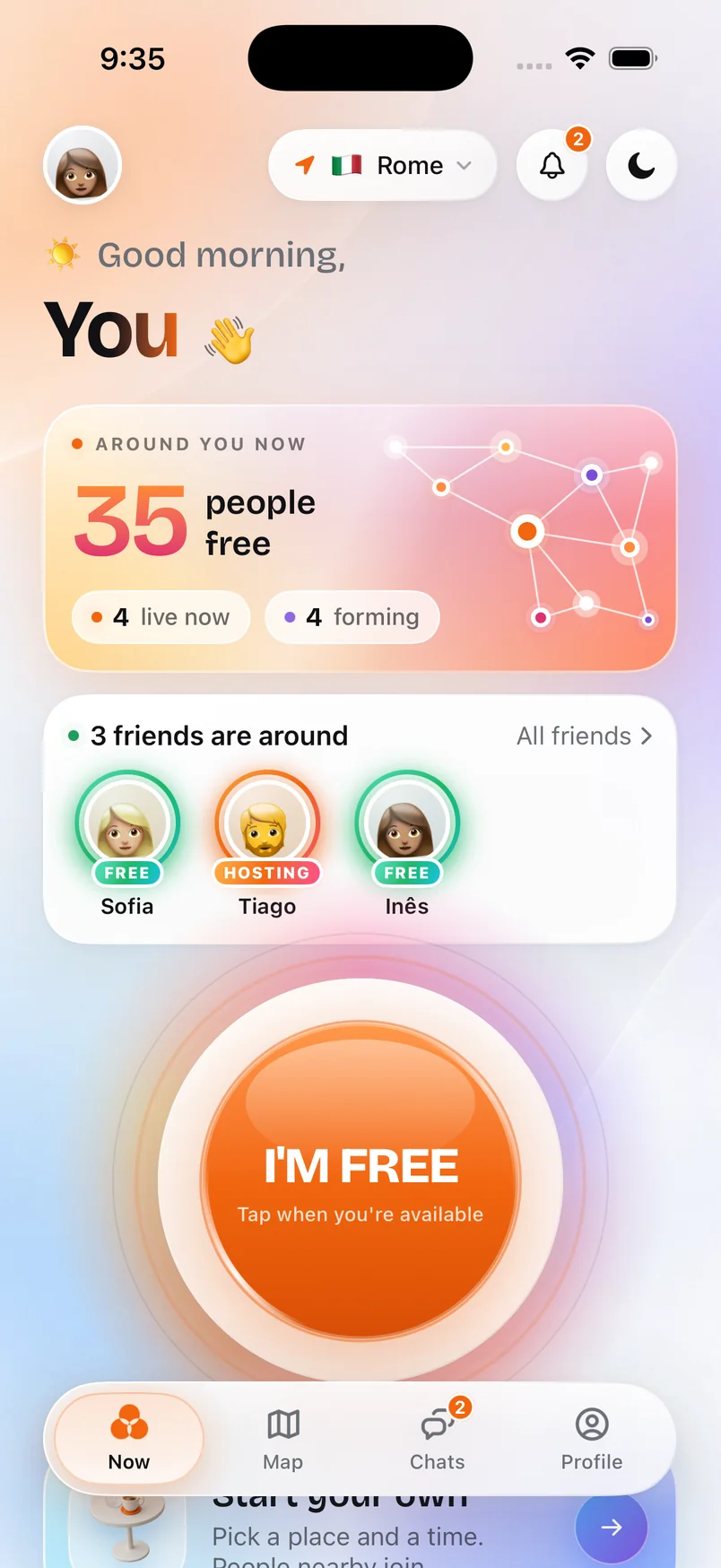 The home screen with the I'm free button.