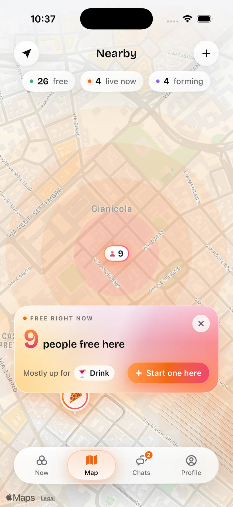 The map with warm patches where people are free and a card saying nine people are free here.