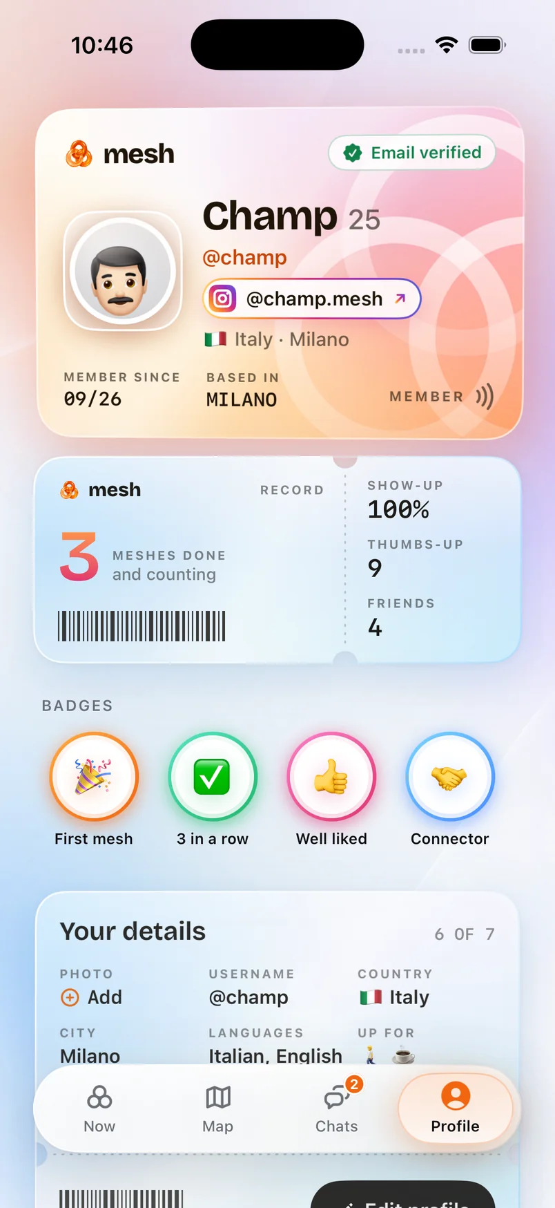 A mesh profile card with a show-up record and badges.